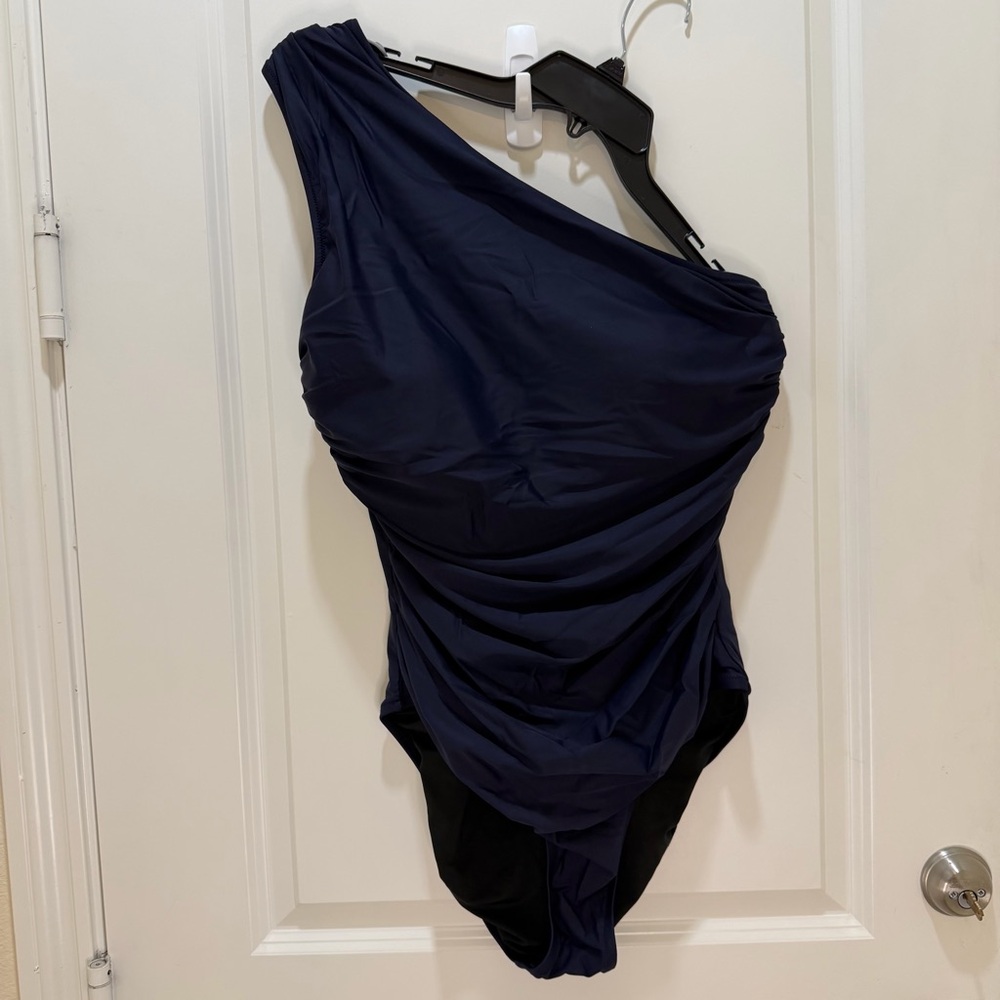 Women’s Re-Imagined by J. Crew One-Shoulder Navy Ruched Swimsuit Size 14